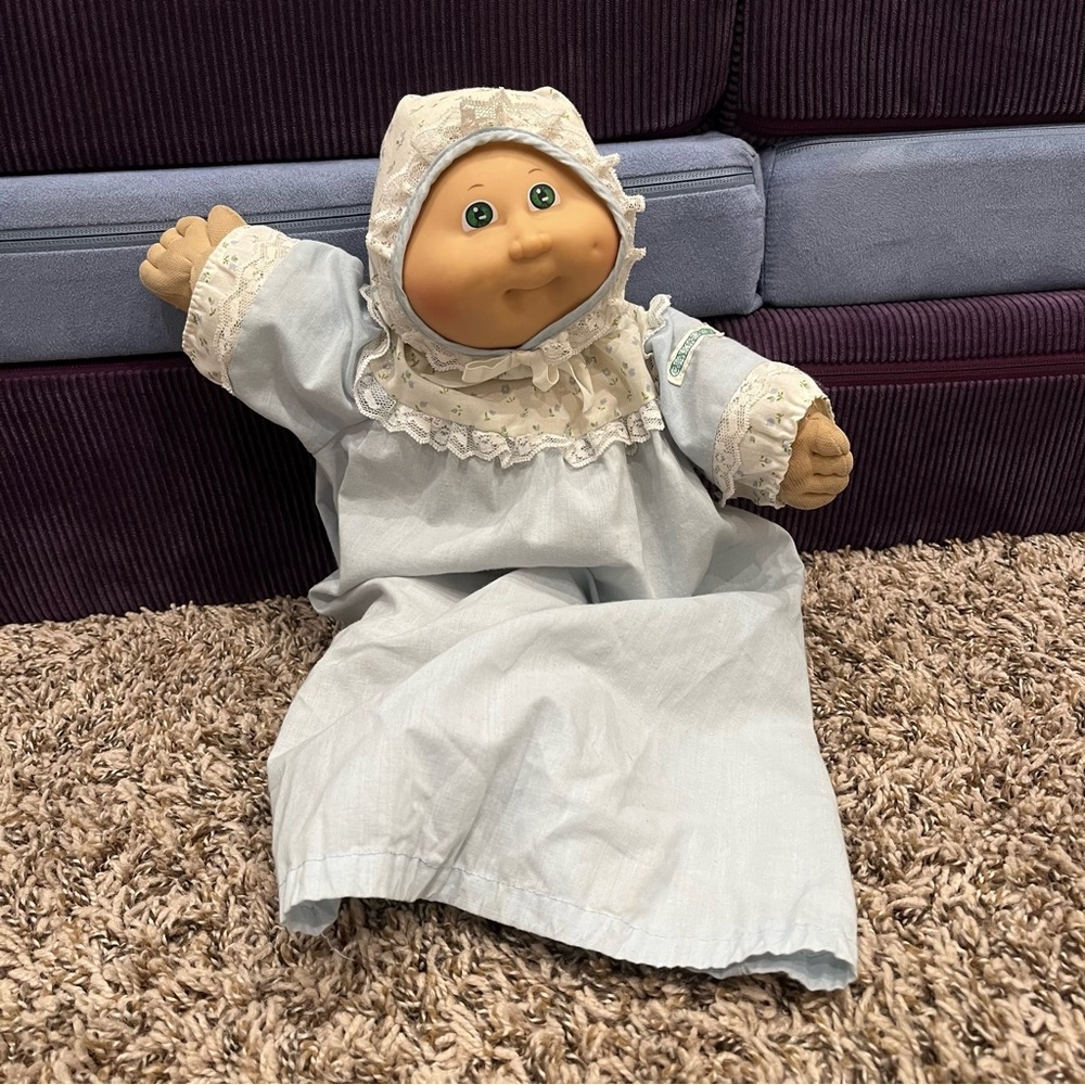 Cabbage Patch Kids Doll Preemie 14” Green Eyes 1985 Blonde Hair Blue Dress